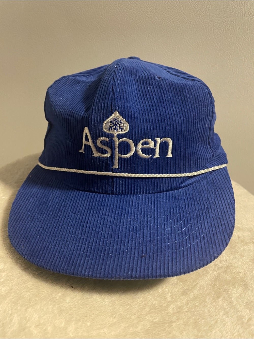 Vintage Aspen Blue Corduroy Baseball Cap with rope and White Embroidery snapback